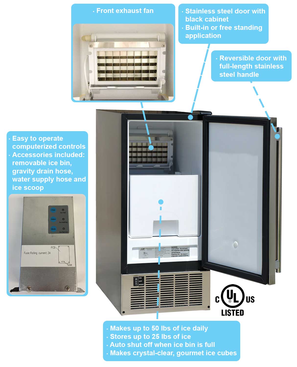Sunpentown IM-60YUS 50 lb Built-In Ice Maker with Reversible Stainless Door