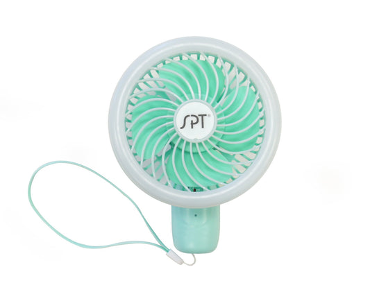 Sunpentown SF-007G Rechargeable Handheld Fan with LED Light – Compact & Portable - Green