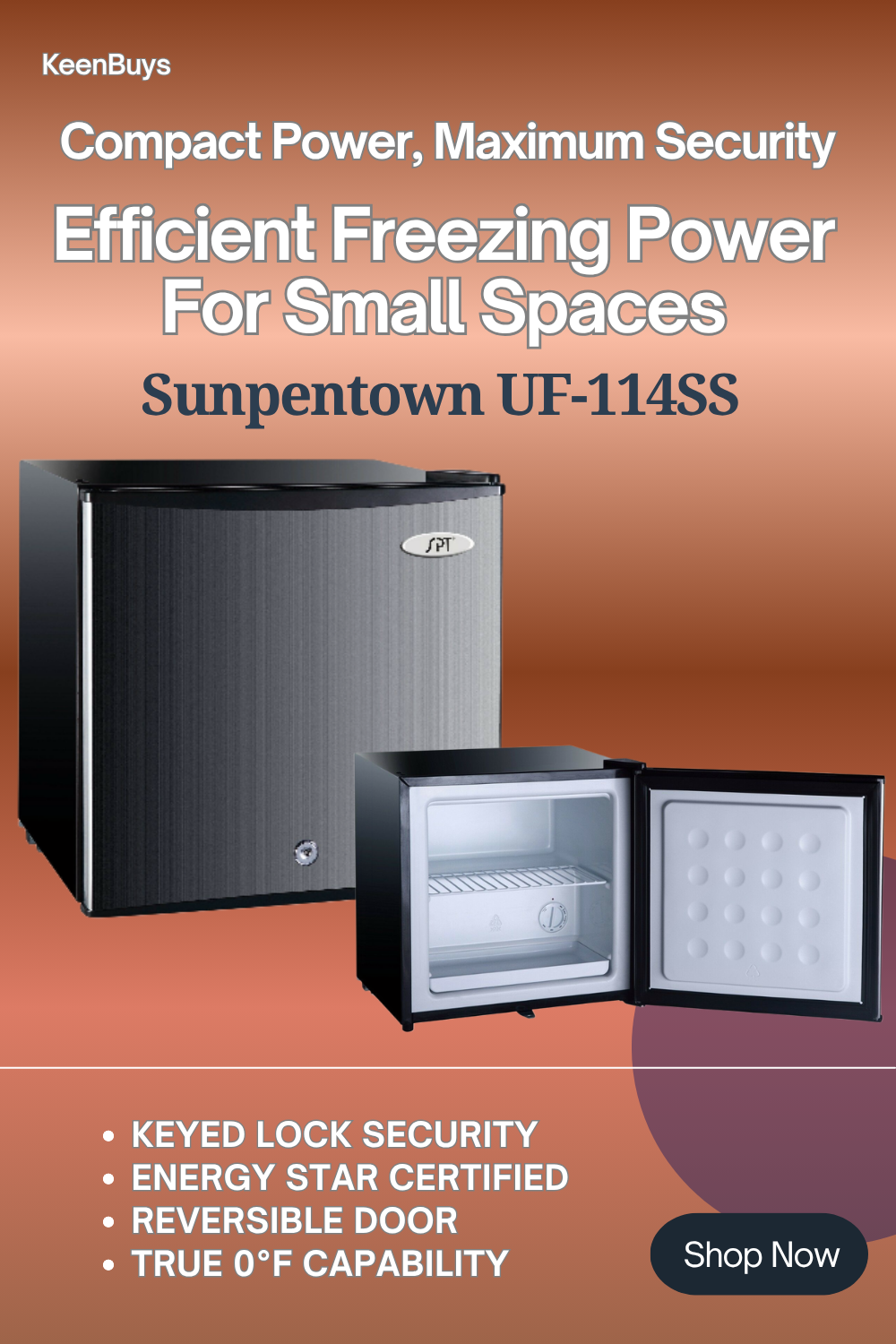 Sunpentown UF-114SS 1.1 Cu Ft Compact Upright Freezer – Lock & Manual Defrost