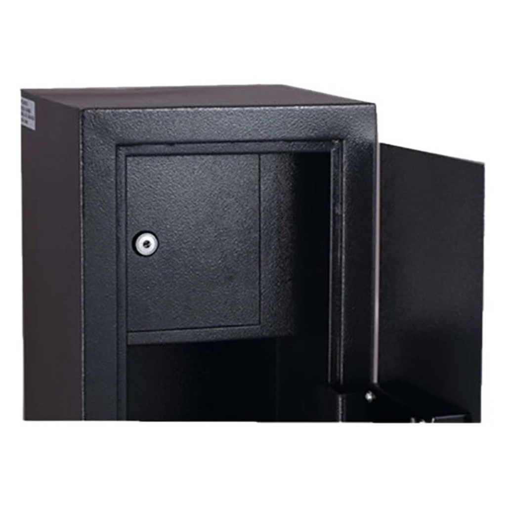 Black metal safe box with a partially open door on a white background