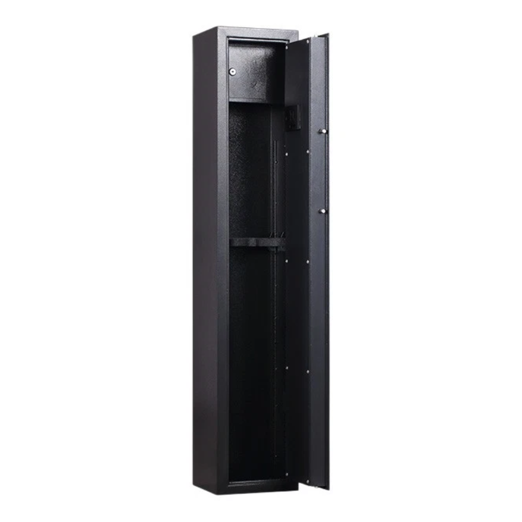 Black gun safe with open door on a white background